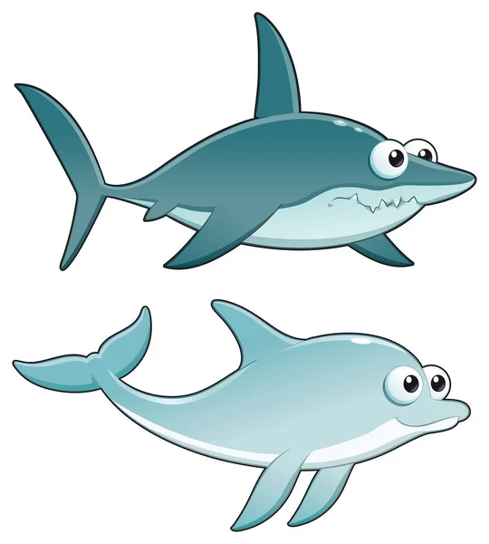 海豚和鲨鱼 有趣的卡通和矢量孤立的角色 — 图库照片