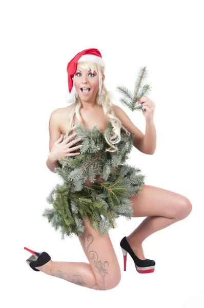 Donna Sexy Come Una Donna Natale Con Abito Abete Tacchi — Foto Stock