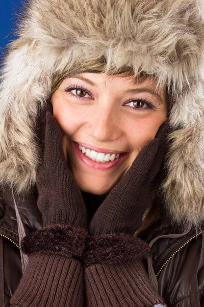 Beautiful Woman Winter Clothes Holding Bright Smile Holding Hands Face Royalty Free Stock Photos