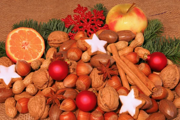Nozes Frutas Decoração Momento Natal — Fotografia de Stock