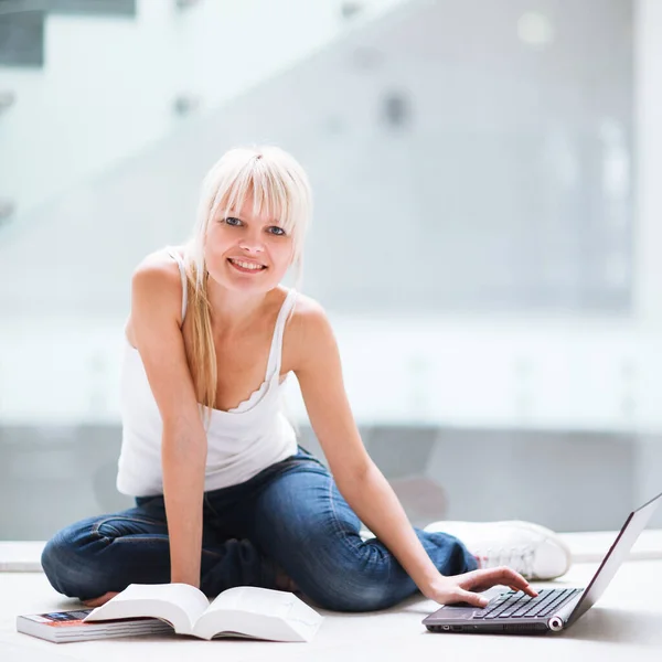 Campus Pretty Female Student Laptop Books Working Class Her Assignment — стоковое фото