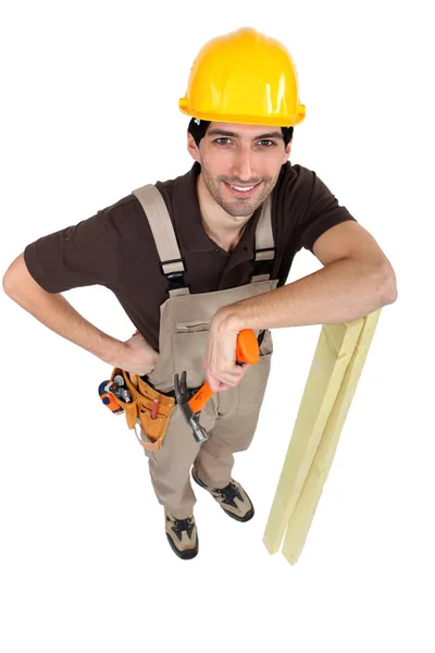 Bauarbeiter Posiert Mit Seinen Werkzeugen Und Baumaterialien — Stockfoto