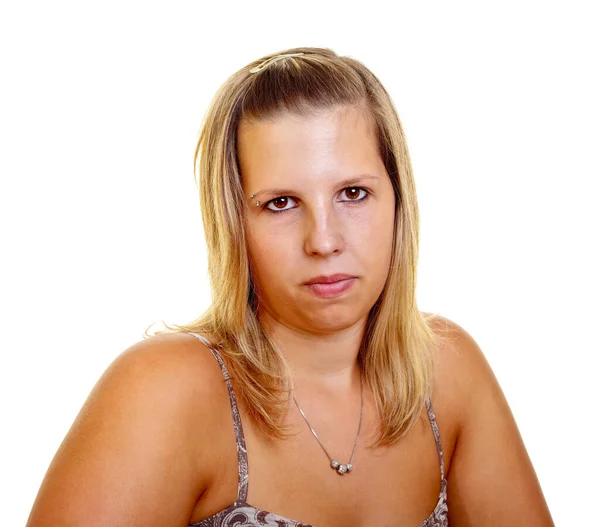 Porträt Einer Jungen Blonden Frau Auf Weißem Hintergrund Studioaufnahme Adobe — Stockfoto