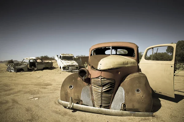 Κατεστραμμένο Αυτοκίνητο Ναυάγιο Στην Έρημο Της Ναμίμπια — Φωτογραφία Αρχείου