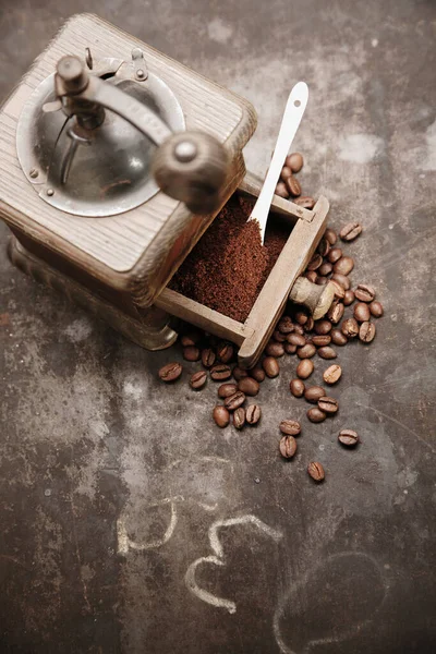 Overhead View Old Manual Wooden Coffee Grinder Open Drawer Filled — Stock Photo, Image