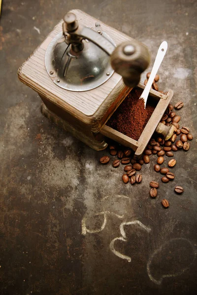 Overhead View Old Manual Rustic Wooden Coffee Grinder Open Drawer — Stock Photo, Image