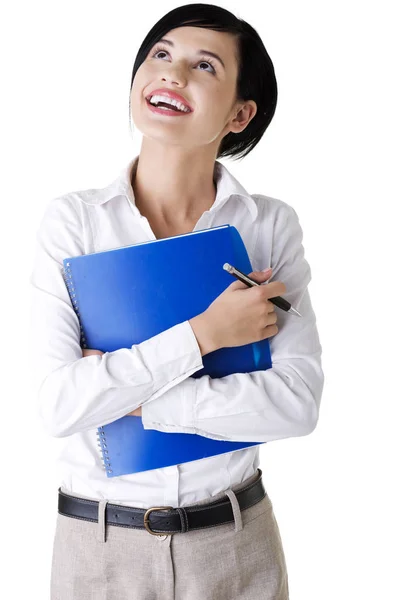 Retrato Mulher Negócios Sorridente Feliz Com Bloco Notas Organizador Isolado — Fotografia de Stock