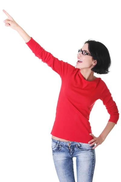 Happy Excited Young Woman Pointing Copy Space Isolated White — Stock Photo, Image