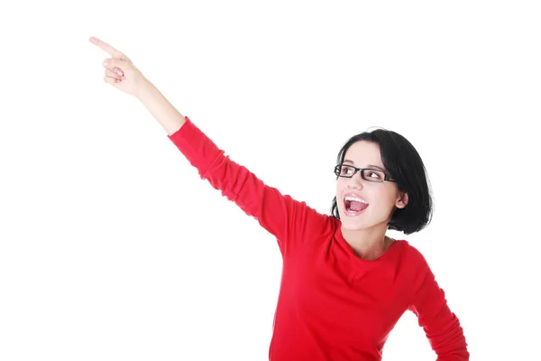 Mujer Joven Feliz Excitada Apuntando Espacio Copia Aislada Blanco — Foto de Stock