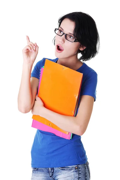 Mulher Estudante Com Nota Colorida Pad Apontando Para Cima Surpreendido — Fotografia de Stock