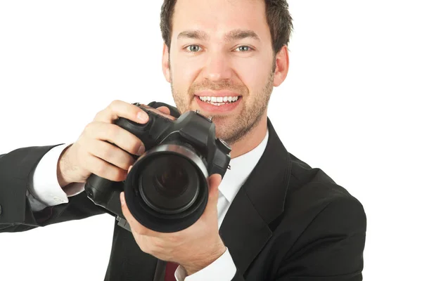 Fotógrafo Com Câmera Isolada Branco — Fotografia de Stock