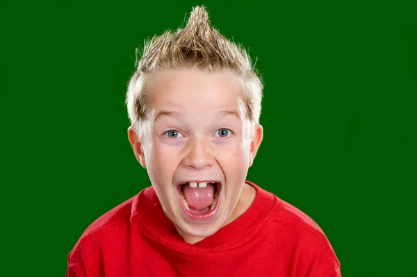 Χαρούμενο Αγόρι Μπροστά Στο Πράσινο Φόντο — Φωτογραφία Αρχείου