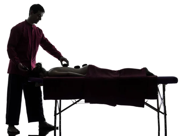 Homem Mulher Perfoming Pés Pernas Tailandês Massagem Estúdio Silhueta Fundo — Fotografia de Stock