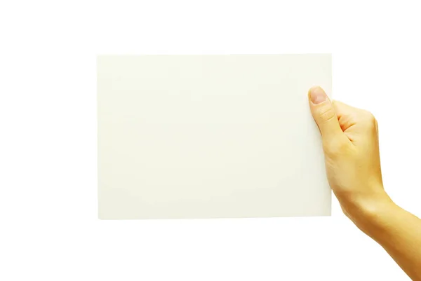 Κάρτα Κενή Ένα Χέρι Που Απομονώνεται Λευκό — Φωτογραφία Αρχείου
