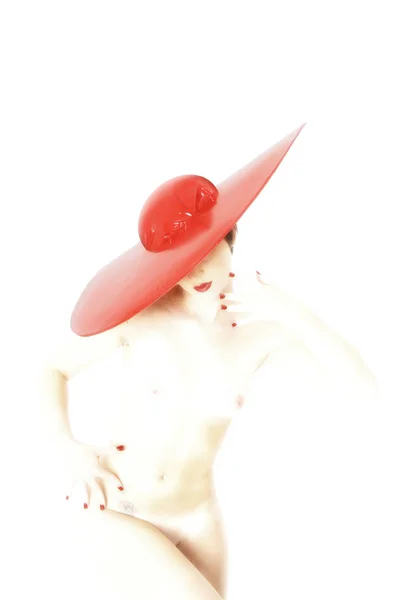 Female Nude Key Big Red Hat Front View — Stock Photo, Image