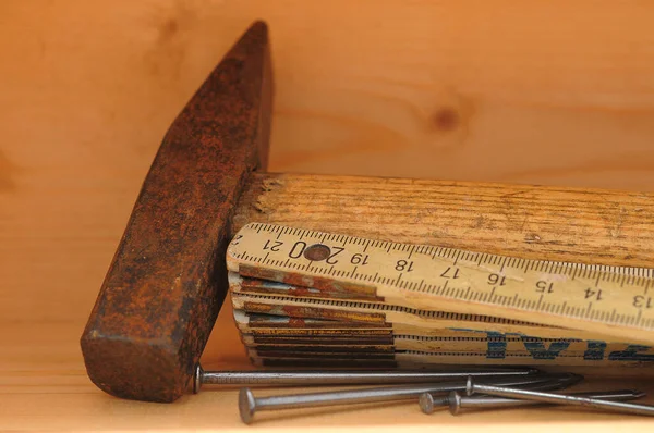 Carpenter Tools Wooden Background — Stock Photo, Image