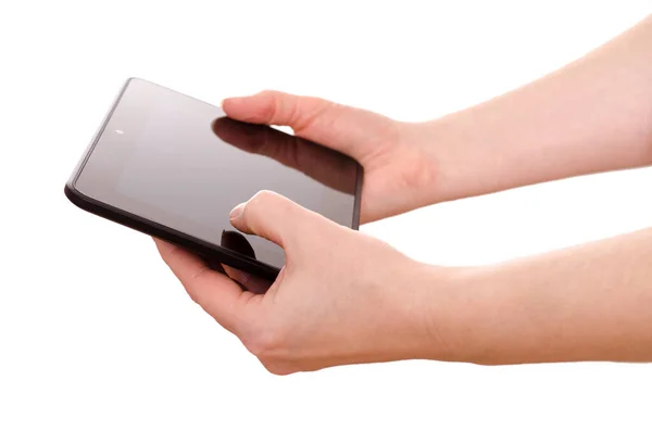 Geïsoleerde Handen Met Een Tabletcomputer — Stockfoto