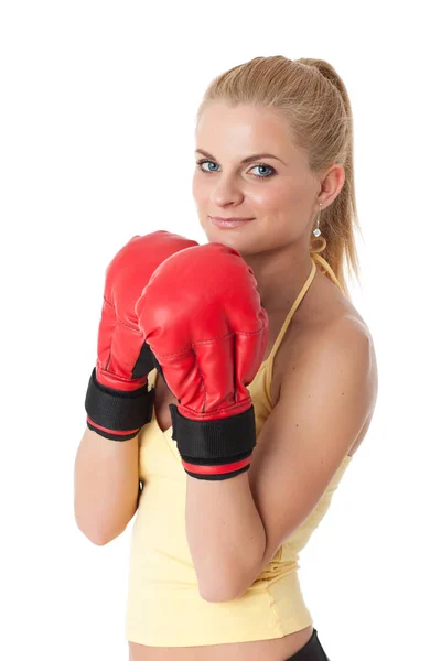 Sportliche Junge Frau Roten Kampfhandschuhen Auf Weißem Hintergrund — Stockfoto