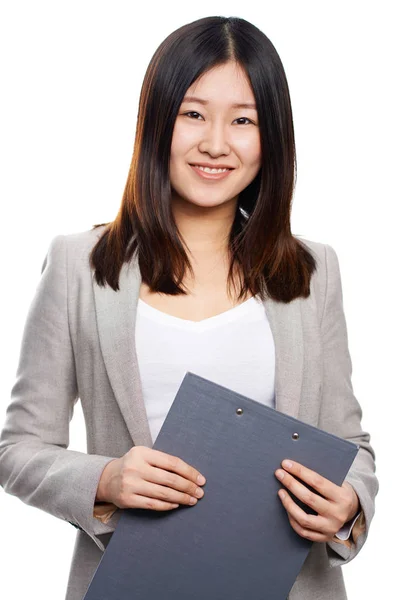 Portrait Successful Businesswoman Clipboard Looking Camera Isolation — Stock Photo, Image