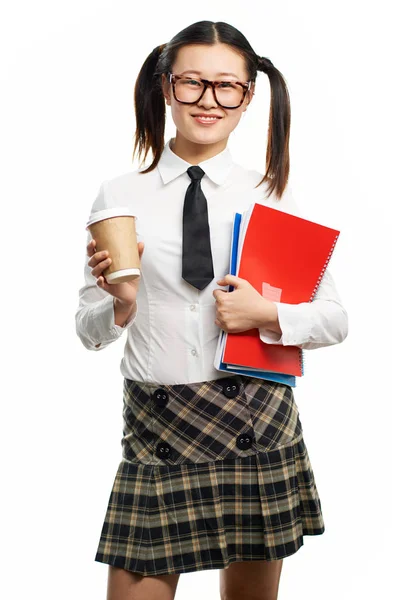 Retrato Estudante Feliz Óculos Uniforme Segurando Copybooks Vidro Papel Com — Fotografia de Stock