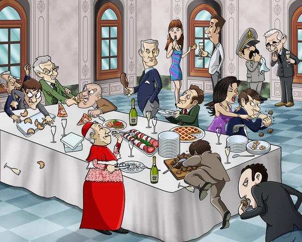 Dibujos Animados Ilustración Una Comida Buffet Bizarro Personajes Grotescos Comiendo —  Fotos de Stock