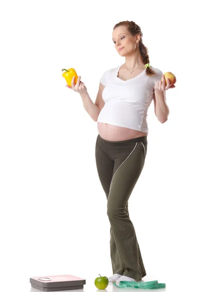Mujer Embarazada Joven Con Escamas Fruta Sobre Fondo Blanco Concepto —  Fotos de Stock