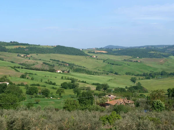 Het Prachtige Landschap Van Toscane Uitzicht Heuvels Tussen Montepulciano Pienza Stockafbeelding