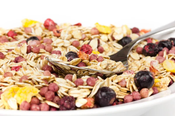 Gesundes Frühstück Müsli Mit Ballaststoffen Und Trockenfrüchten — Stockfoto