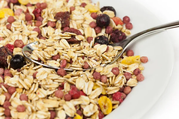 Gesundes Frühstück Müsli Mit Ballaststoffen Und Trockenfrüchten — Stockfoto