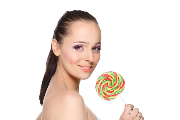 Happy Young Woman Lollipop White Background – stockfoto