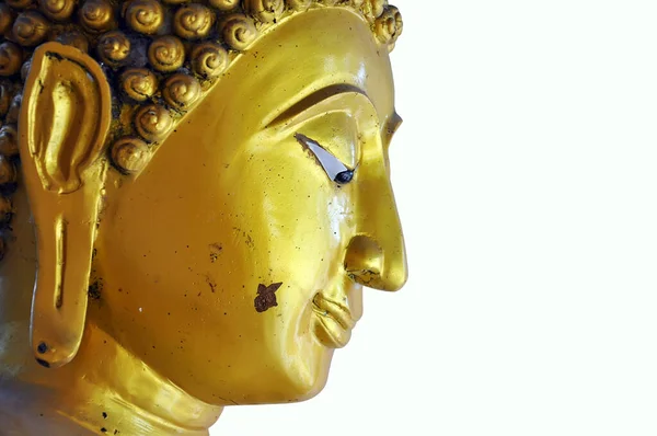 Kopf Einer Goldenen Buddha Statue Auf Weißem Hintergrund — Stockfoto