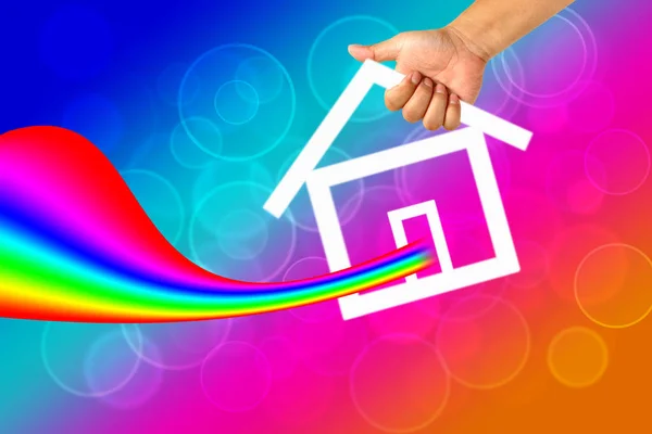 Hand Icoon Huis Met Rainbow — Stockfoto