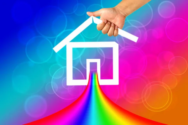 Hand Icoon Huis Met Rainbow — Stockfoto