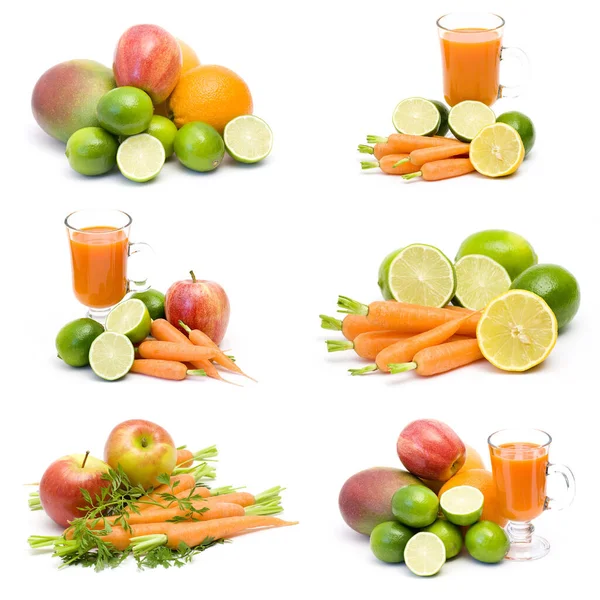 Färsk Saft Frukt Och Grönsaker Kollage — Stockfoto