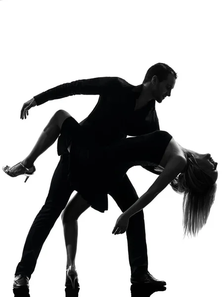1つのコーカサスのカップルの女の人が踊るダンサーは白い背景に孤立したシルエットのスタジオでサルサ ロック — ストック写真