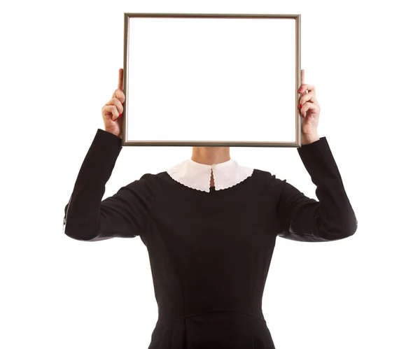 Businesswoman Holding White Blank Frame — Stock Photo, Image