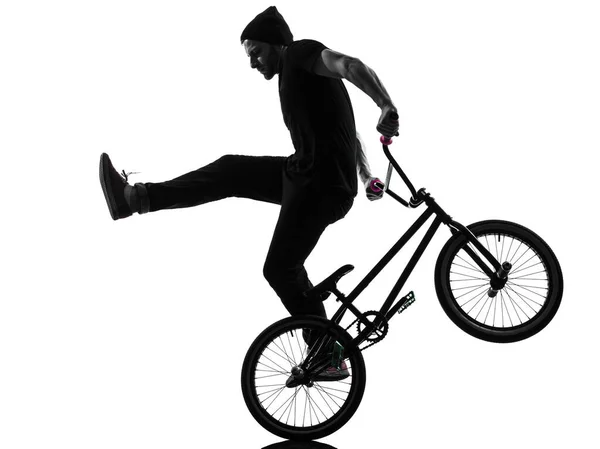 Beyaz Arka Planda Izole Edilmiş Siluet Stüdyosunda Bmx Akrobatik Figürü — Stok fotoğraf