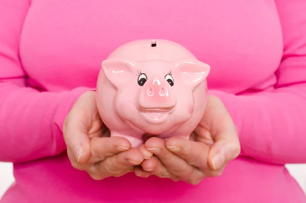 Two Female Hands Holding Pink Piggy Bank — Stock Photo, Image