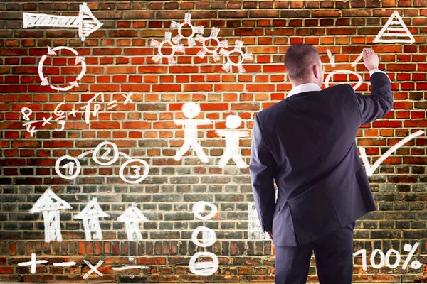 Uomo Affari Scrive Business Plan Wall — Foto Stock