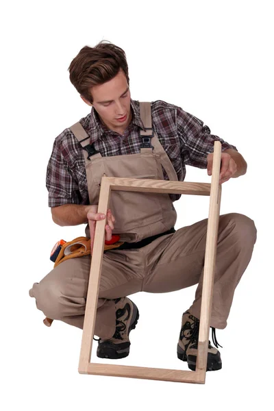 Furniture Maker Constructing Wooden Frame — Stock Photo, Image