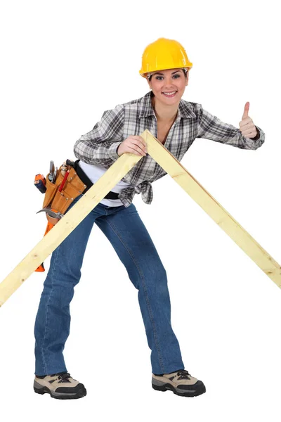 Female Carpenter Giving Thumb — Stock Photo, Image