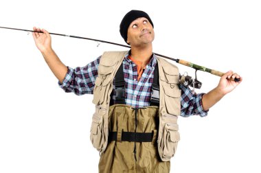 Fisherman with fishing rod isolated in white clipart