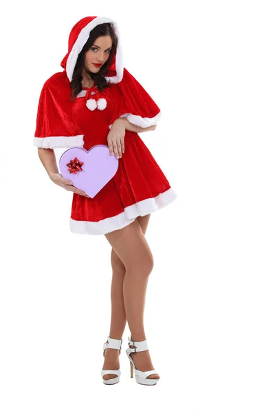 Sexy Woman Dressed Mrs Claus Heart Shaped Box — Stock Photo, Image