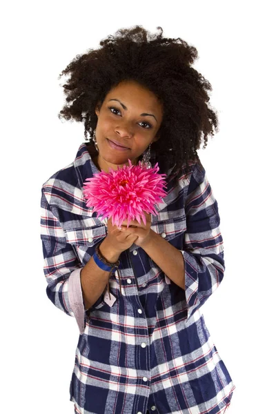 Attraktiv Kvinna Med Blomma Undantagen Vit Yta — Stockfoto