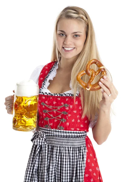 Frau Tracht Mit Bier Und Brezel — Stockfoto
