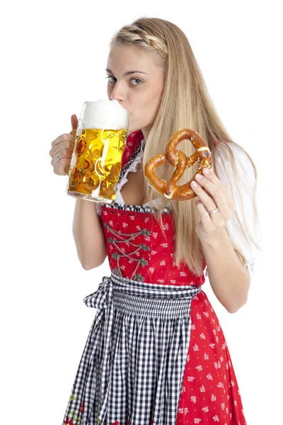 Vrouw Traditioneel Kostuum Bier Drinken — Stockfoto
