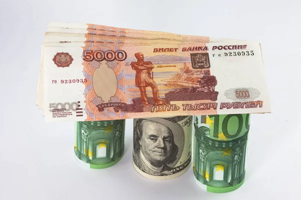 Geld Banknoten Scheine Rubel Euro Bargeld Dollar Kurs Raten — Stockfoto