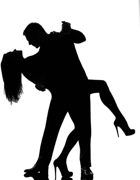Één Kaukasische Paar Liefhebbers Man Vrouw Tango Dansen Studio Silhouet — Stockfoto