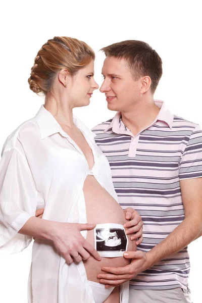 Happy Pregnant Family Ultrasound Picture Future Baby White Background — Stock Photo, Image
