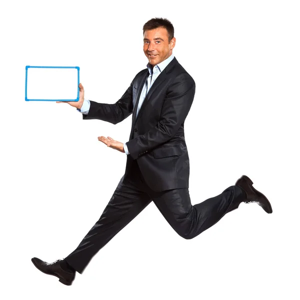 One Caucasian Business Man Running Jumping Double Thumbs Holding Whiteboard Stock Photo